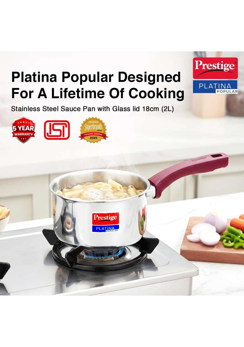 Prestige Platina Popular Stainless Steel Gas and Induction Compatible Sauce Pan | With Lid - Indya