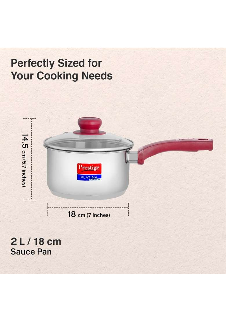 Prestige Platina Popular Stainless Steel Gas and Induction Compatible Sauce Pan | With Lid - Indya