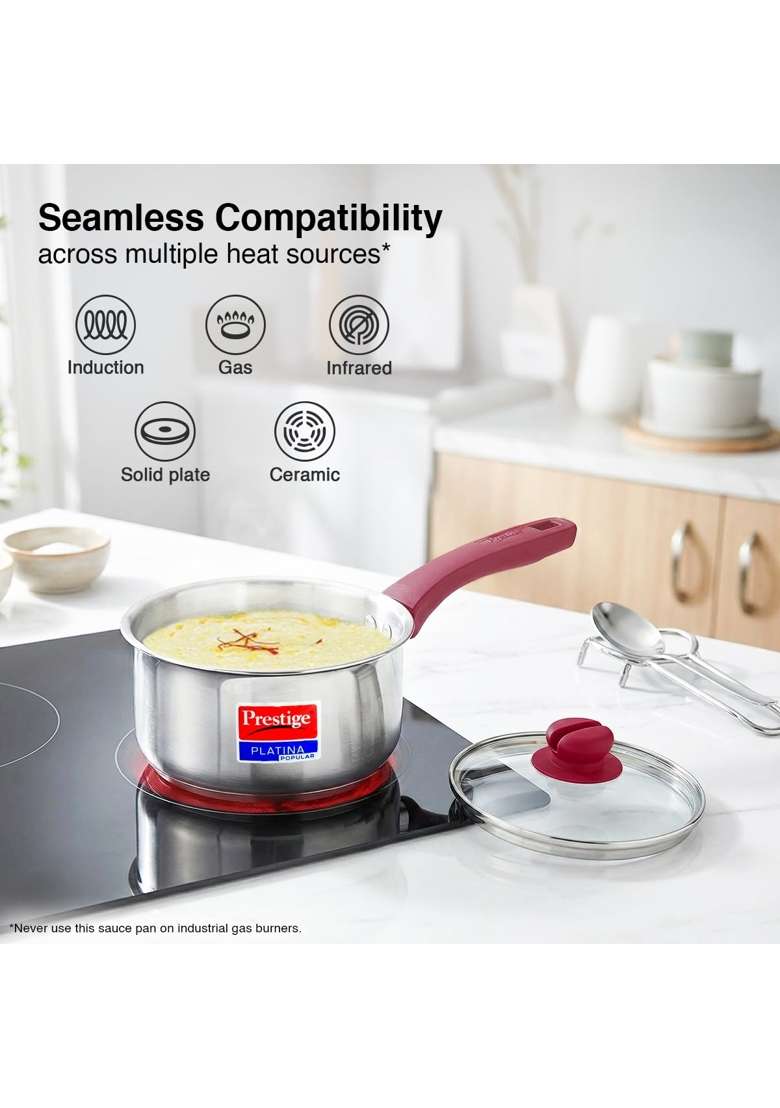 Prestige Platina Popular Stainless Steel Gas and Induction Compatible Sauce Pan | With Lid - Indya