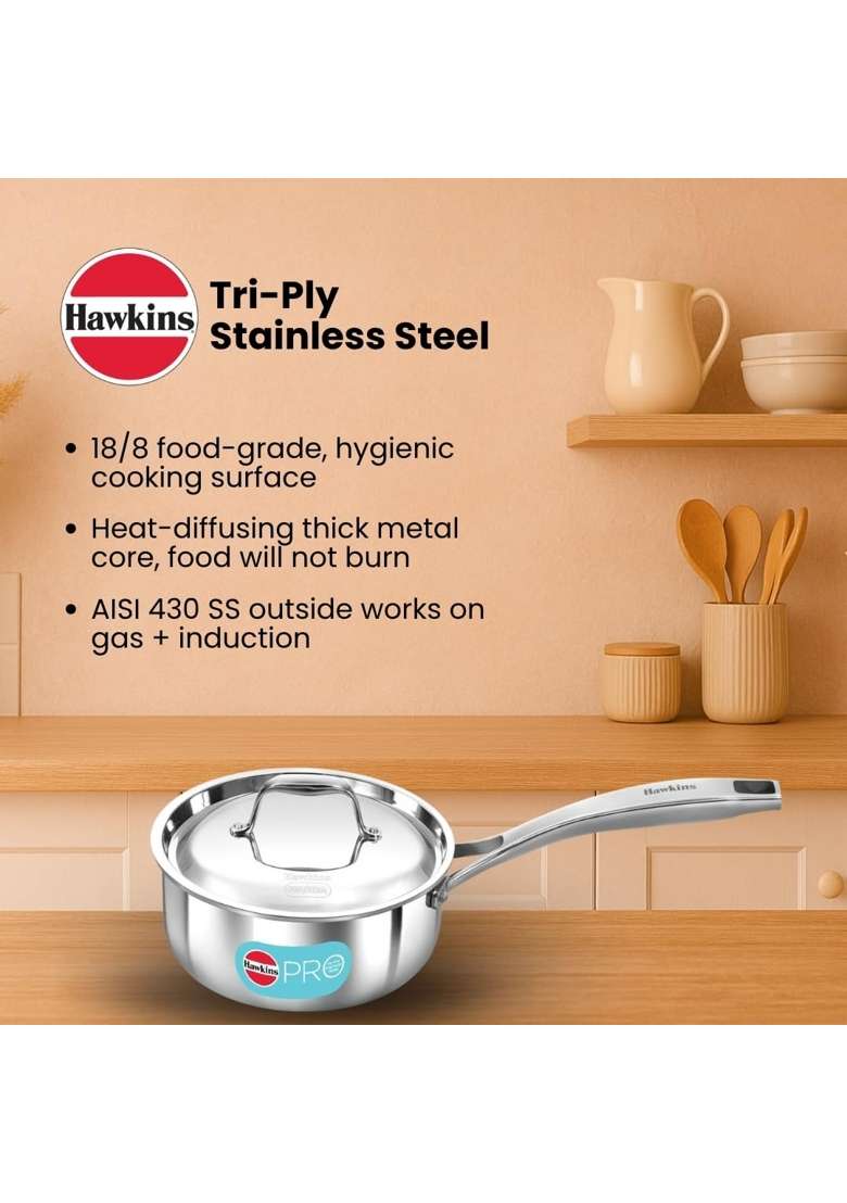 Hawkins Pro Sauce Pan | 1.5 L | 1.6 Qt | Tri-Ply | With Lid - Indya