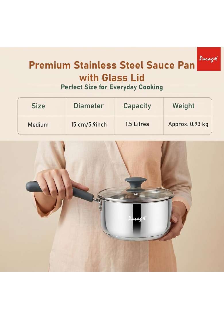 Parage Stainless Steel Saucepan with Glass Lid | 1.5 L | 1.6 Qt | Induction Compatible | Tri-Ply - Indya