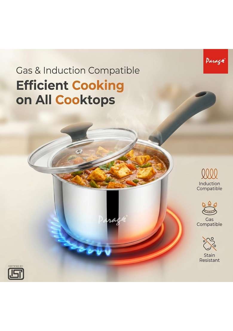 Parage Stainless Steel Saucepan with Glass Lid | 1.5 L | 1.6 Qt | Induction Compatible | Tri-Ply - Indya