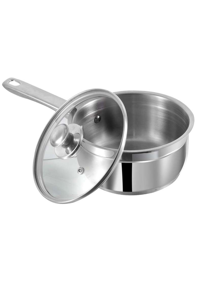 Vinod Stainless Steel Two Tone Saucepan with Glass Lid | 1.5 L | 1.6 Qt | 16 cm | 6.3 Inch | Induction Compatible - Indya
