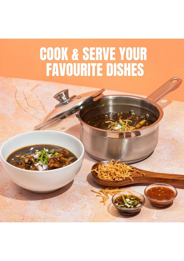 Vinod Stainless Steel Two Tone Saucepan with Glass Lid | 1.5 L | 1.6 Qt | 16 cm | 6.3 Inch | Induction Compatible - Indya