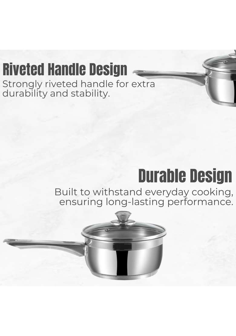 Vinod Stainless Steel Two Tone Saucepan with Glass Lid | 1.5 L | 1.6 Qt | 16 cm | 6.3 Inch | Induction Compatible - Indya