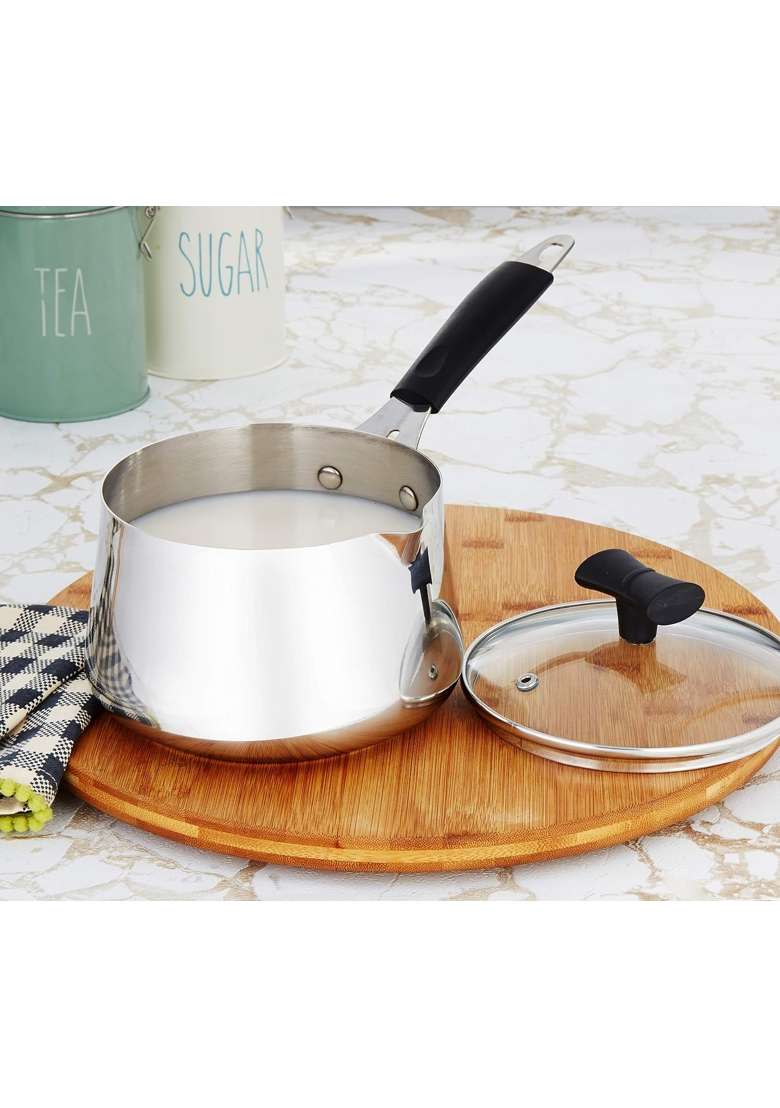 Solimo Amazon Brand Solimo Stainless Steel T Pan with Glass Lid and Induction Base | 1.5 L | 1.6 Qt - Indya