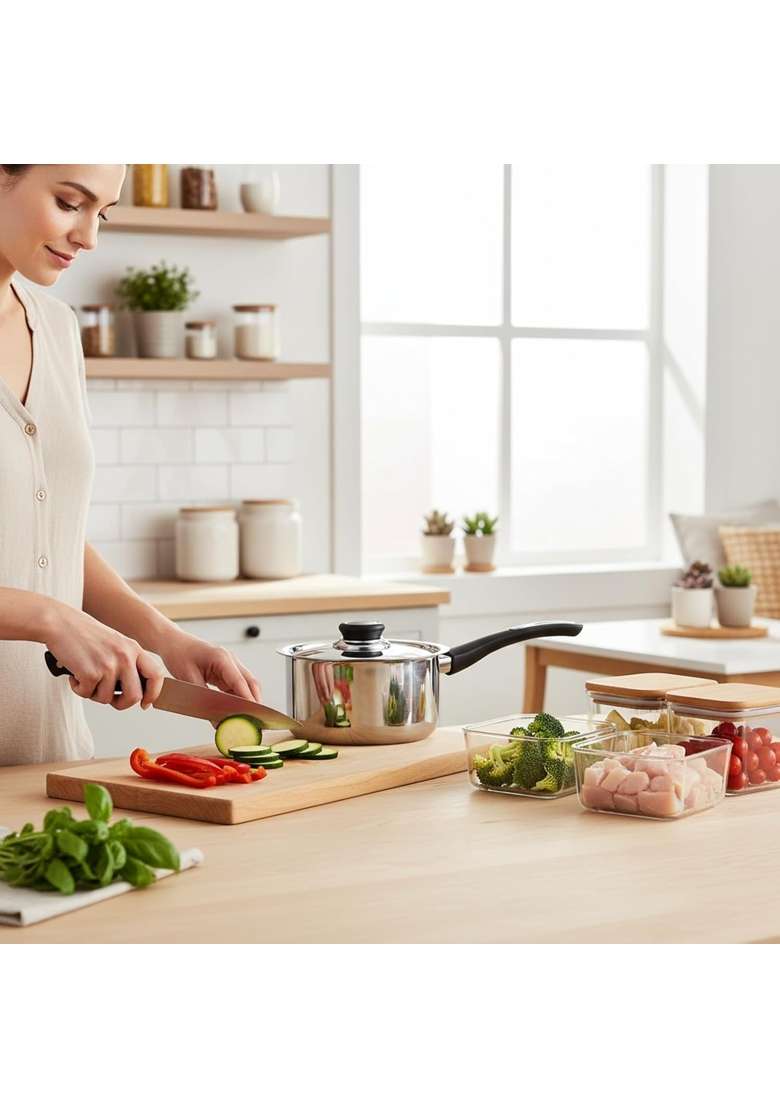 ANJALI FPSP16 Stainless Steel Fiesta Pro Sauce Pan with Steel Lid Chai Pan Tea Pan | 1450 ml | 49 fl oz | 16 cm | 6.3 Inch | Induction Compatible - Indya