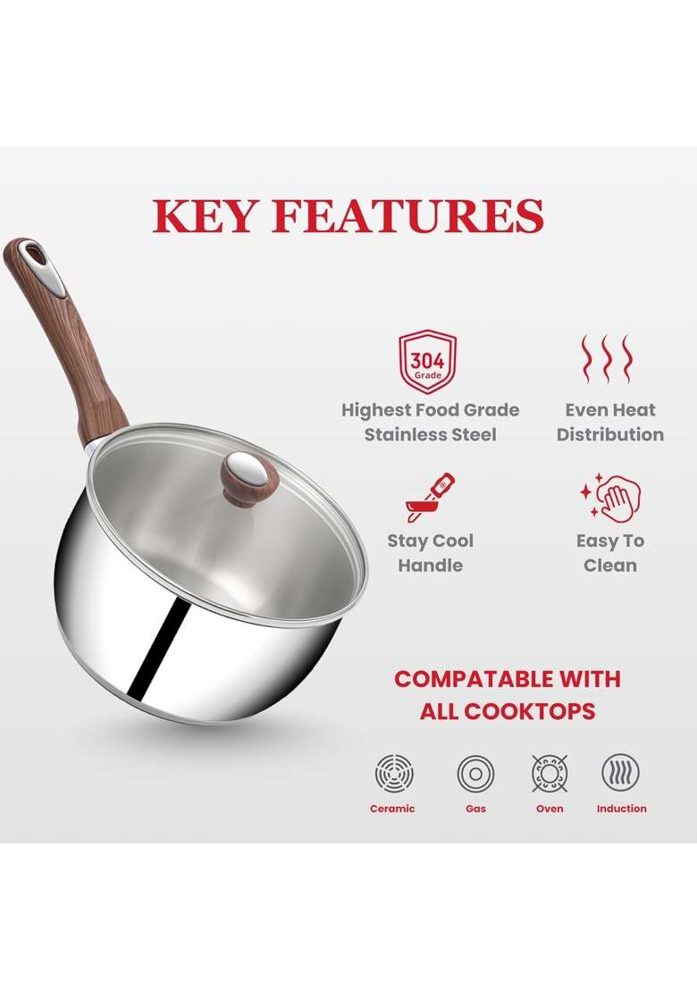 SUNCASA Impact Pro Luxe Stainless Steel Belly Saucepan with Lid | 2 L | 2.1 Qt | 16 cm | 6.3 Inch | Induction Compatible - Indya