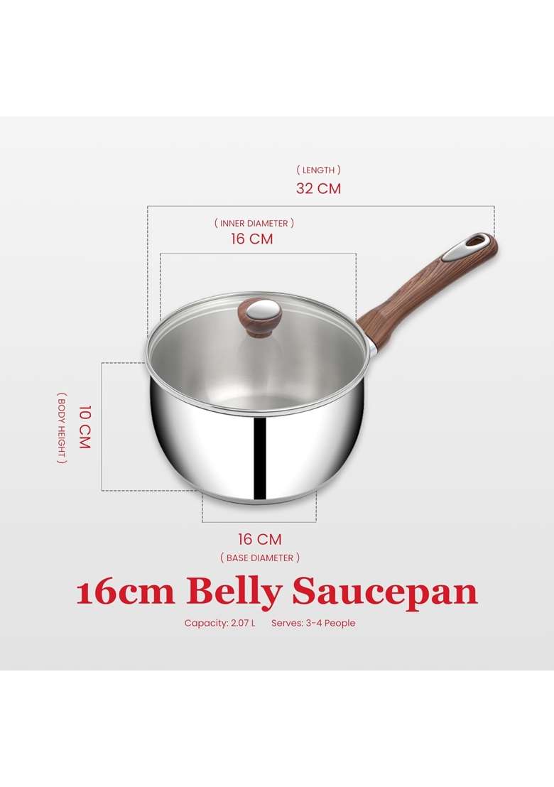 SUNCASA Impact Pro Luxe Stainless Steel Belly Saucepan with Lid | 2 L | 2.1 Qt | 16 cm | 6.3 Inch | Induction Compatible - Indya
