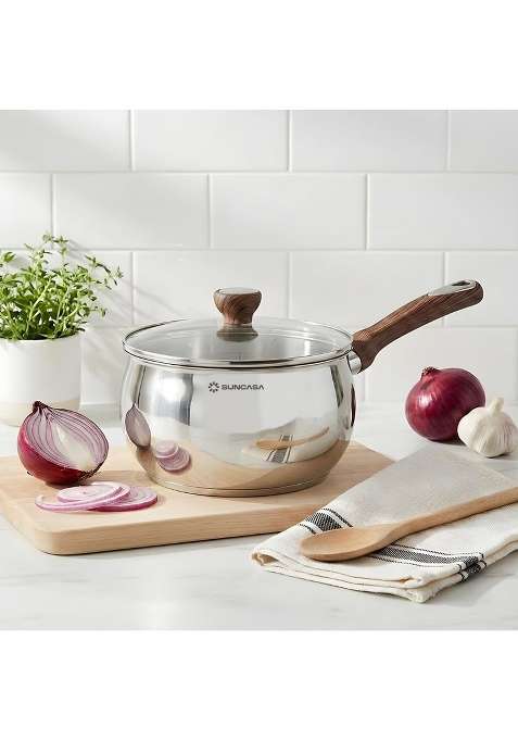 SUNCASA Impact Pro Luxe Stainless Steel Belly Saucepan with Lid | 2 L | 2.1 Qt | 16 cm | 6.3 Inch | Induction Compatible