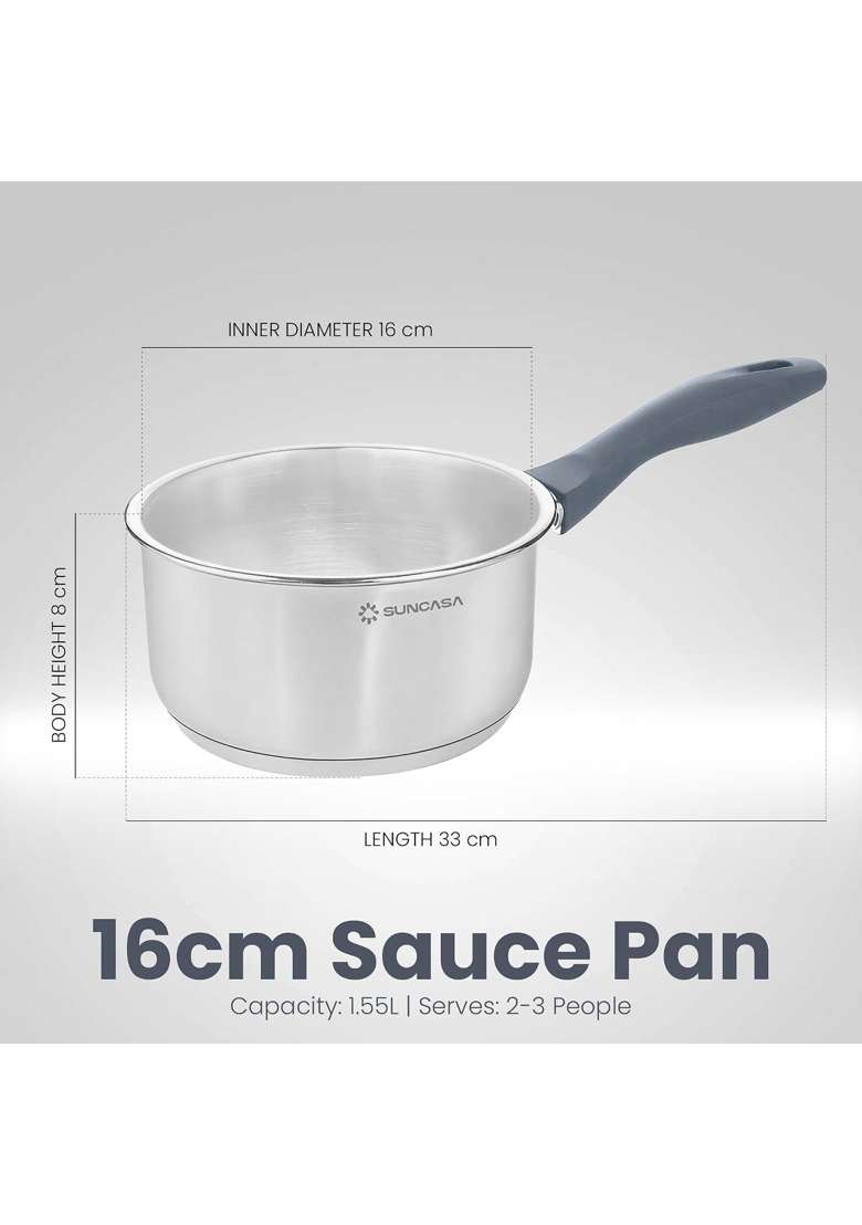 SUNCASA Impact Pro 304 Stainless Steel Heavy Bottom Saucepan | 1.5 L | 1.6 Qt | 16 cm | 6.3 Inch | Induction Compatible | Non-Toxic - Indya