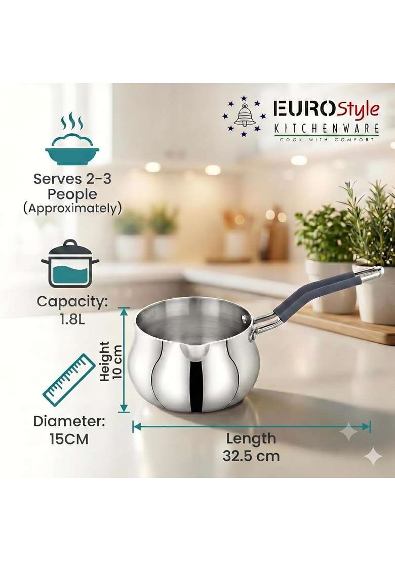 EURO style EUROStyle Stainless Steel Triply Classic Saucepan | 1.8 L | 1.9 Qt | 15 cm | 5.9 Inch - Indya