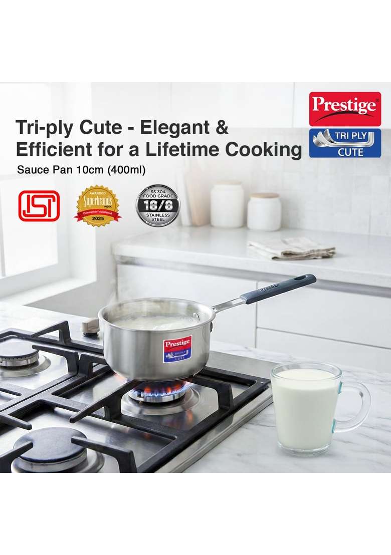 Prestige Tri-Ply Stainless Steel Cute Sauce Pan | 400 ml | 13.5 fl oz | 10 cm | 3.9 Inch | Induction Compatible - Indya
