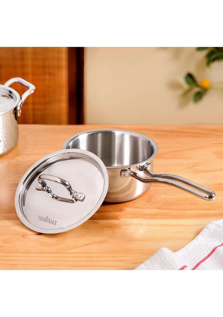 Nestasia TriPly Stainless Steel Saucepan with Lid | 1500 ml | 50.7 fl oz | Induction Compatible | Heavy Bottom - Indya