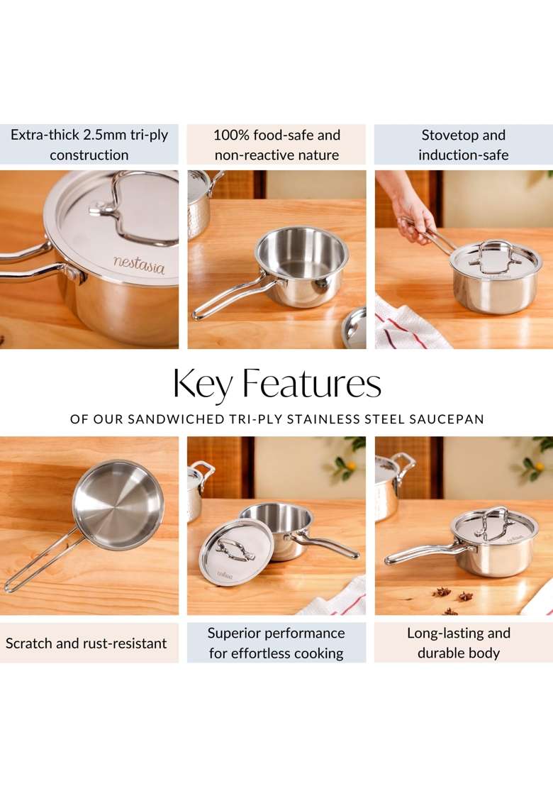 Nestasia TriPly Stainless Steel Saucepan with Lid | 1500 ml | 50.7 fl oz | Induction Compatible | Heavy Bottom - Indya