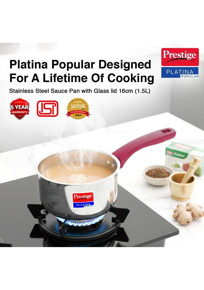 Prestige Platina Popular Stainless Steel Gas and Induction Compatible Sauce Pan | With Lid - Indya