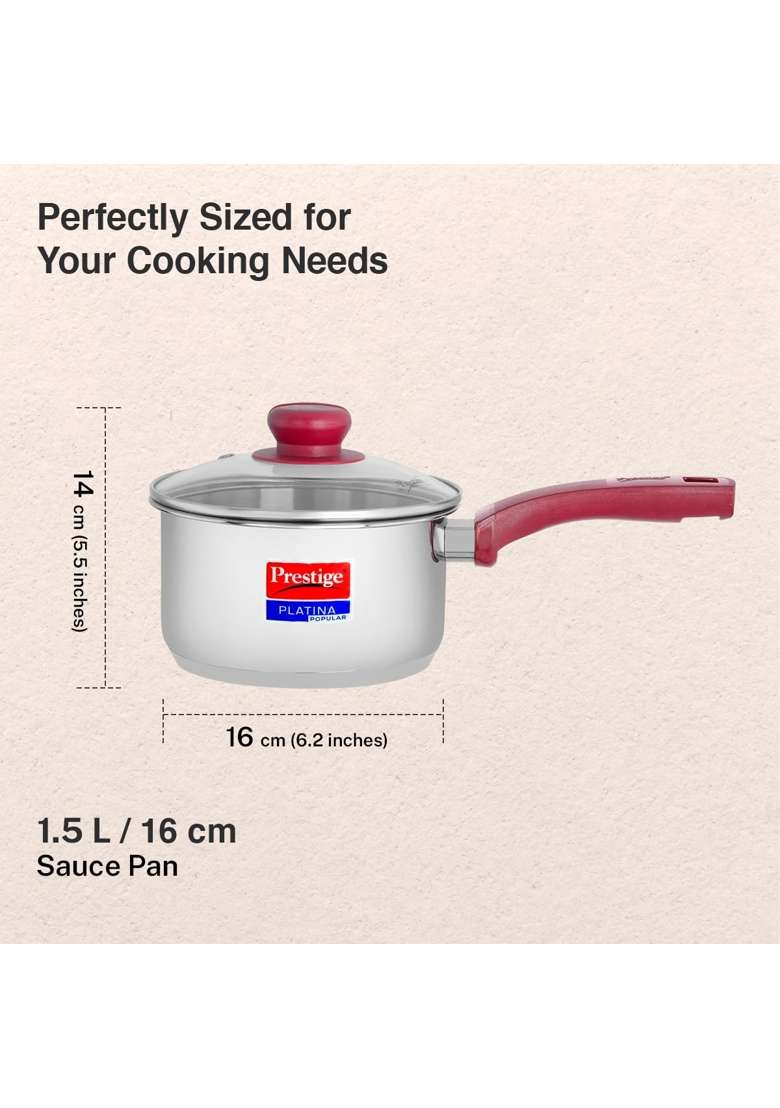 Prestige Platina Popular Stainless Steel Gas and Induction Compatible Sauce Pan | With Lid - Indya