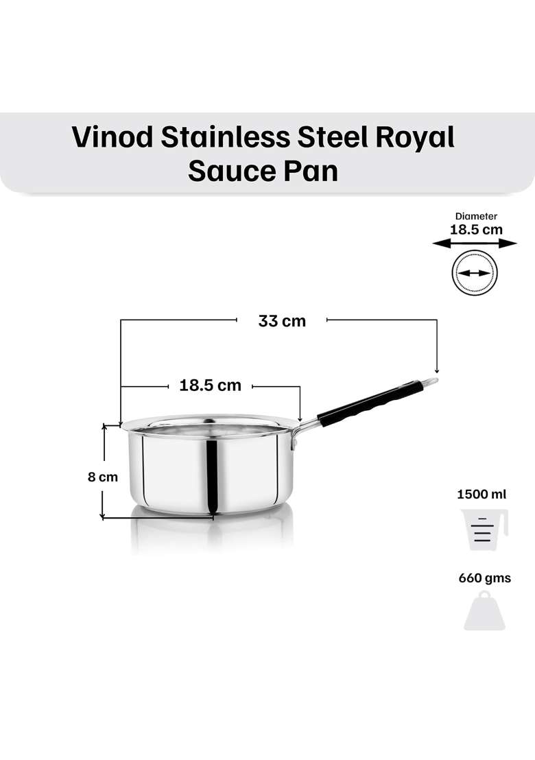 Vinod Stainless Steel Royal Saucepan | 1500 ml | 50.7 fl oz | 18.5 cm | 7.3 Inch | Induction Compatible - Indya
