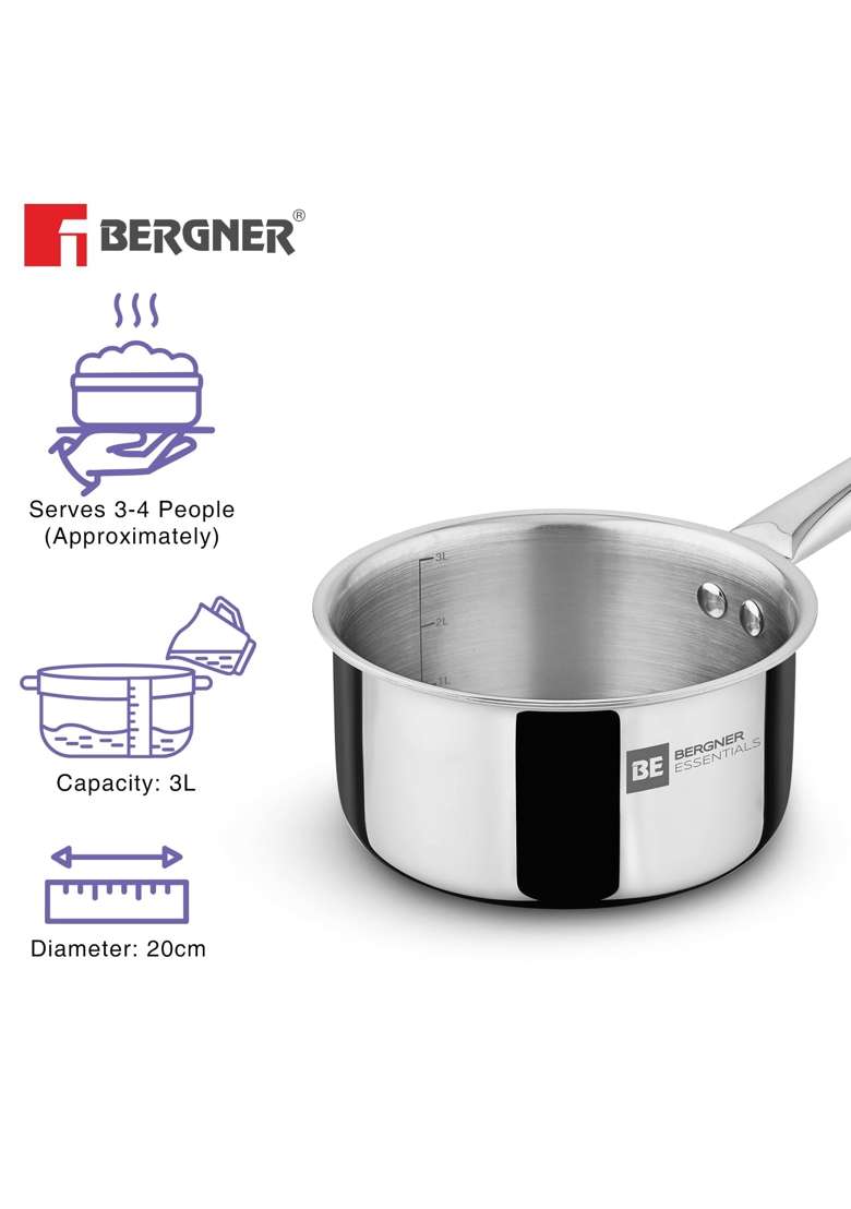 BERGNER BE Essetials Era Tri-Ply Stainless Steel | 3 L | 3.2 Qt | 20 cm | 7.9 Inch | Induction Compatible | Food Safe - Indya