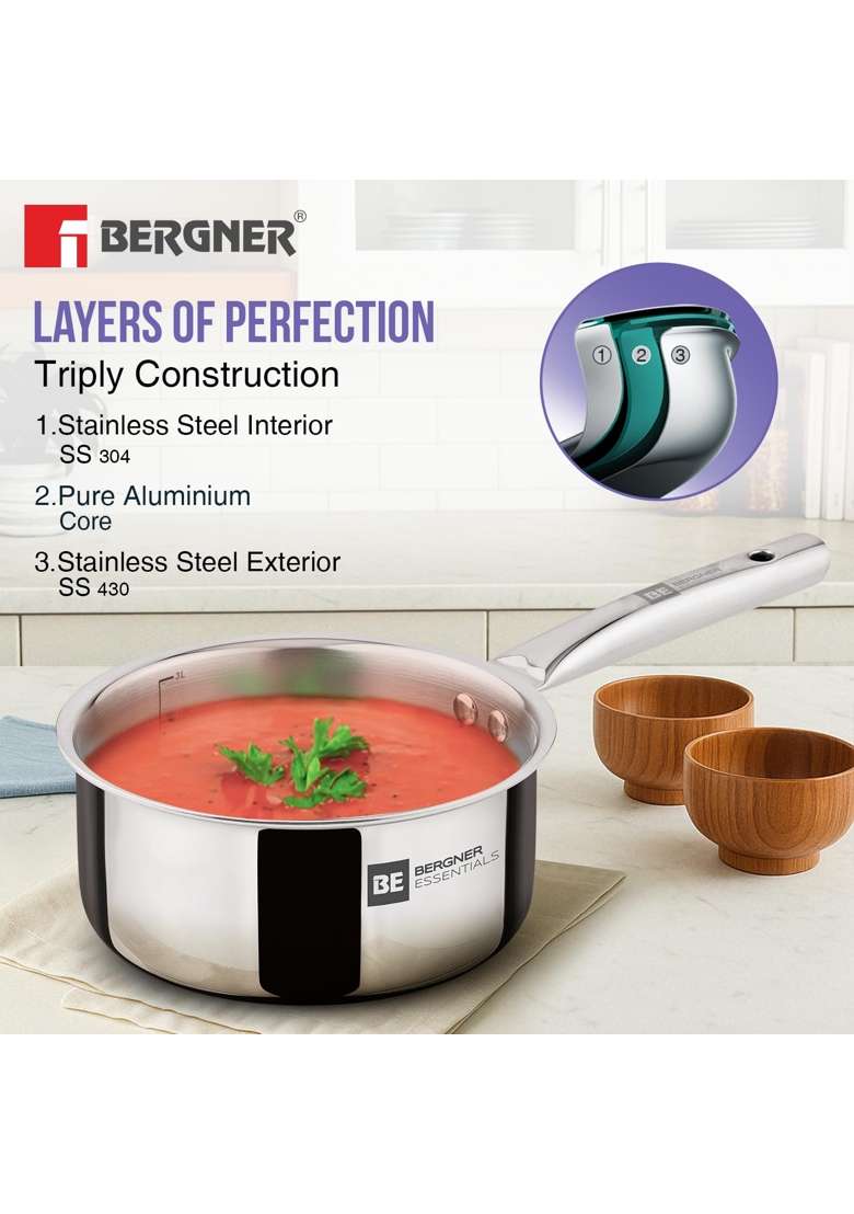 BERGNER BE Essetials Era Tri-Ply Stainless Steel | 3 L | 3.2 Qt | 20 cm | 7.9 Inch | Induction Compatible | Food Safe - Indya