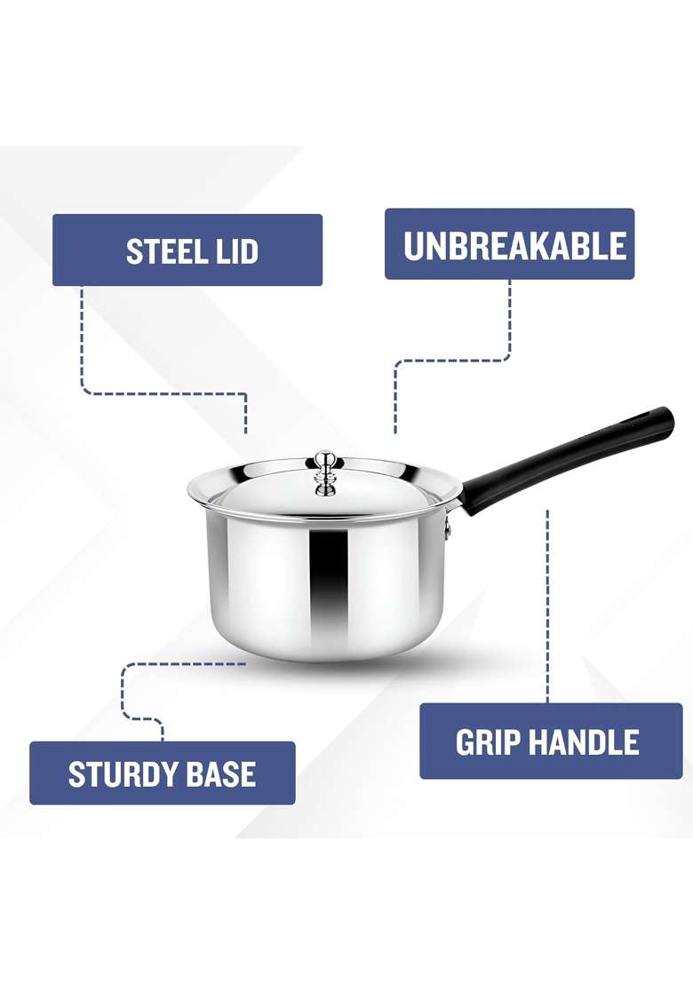 Prabha Heavy Gauge Encapsulated Base Stainless Steel Induction Base Virgo Saucepan | 2 L | 2.1 Qt | 18 cm | 7.1 Inch | With Lid - Indya