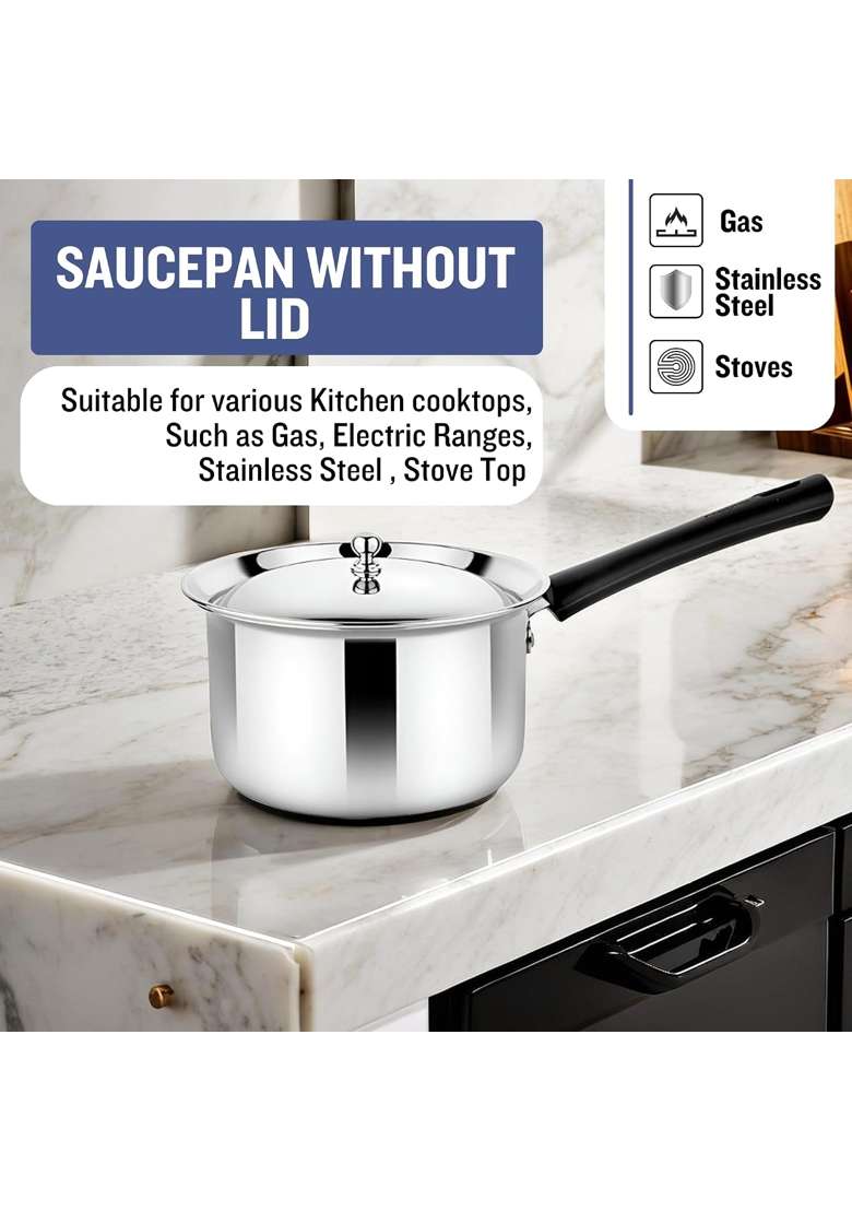 Prabha Heavy Gauge Encapsulated Base Stainless Steel Induction Base Virgo Saucepan | 2 L | 2.1 Qt | 18 cm | 7.1 Inch | With Lid - Indya