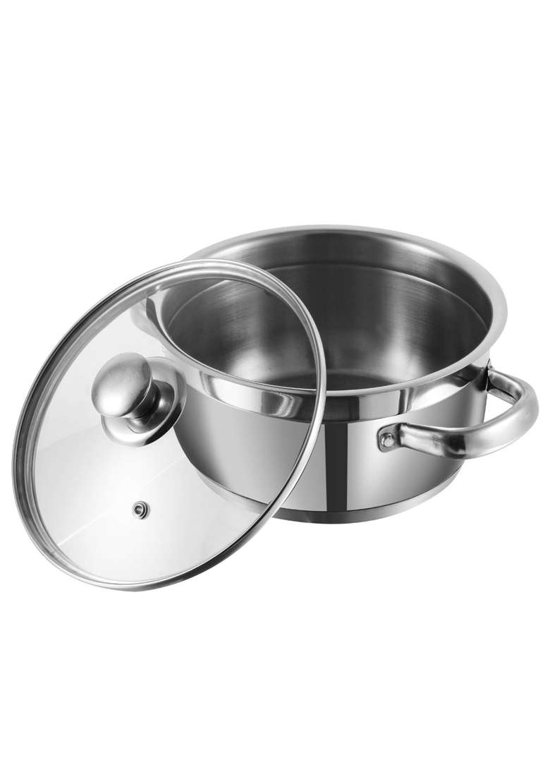 Vinod Two Tone Stainless Steel Saucepot with Glass Lid | 1.5 L | 1.6 Qt | 16 cm | 6.3 Inch | Induction Compatible | Tri-Ply - Indya