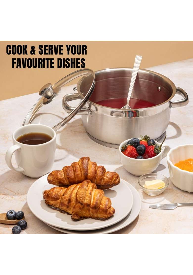 Vinod Two Tone Stainless Steel Saucepot with Glass Lid | 1.5 L | 1.6 Qt | 16 cm | 6.3 Inch | Induction Compatible | Tri-Ply - Indya