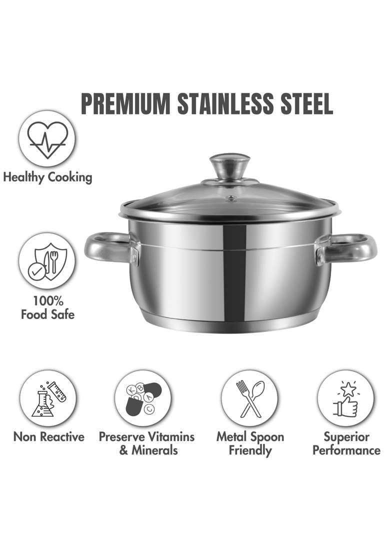 Vinod Two Tone Stainless Steel Saucepot with Glass Lid | 1.5 L | 1.6 Qt | 16 cm | 6.3 Inch | Induction Compatible | Tri-Ply - Indya