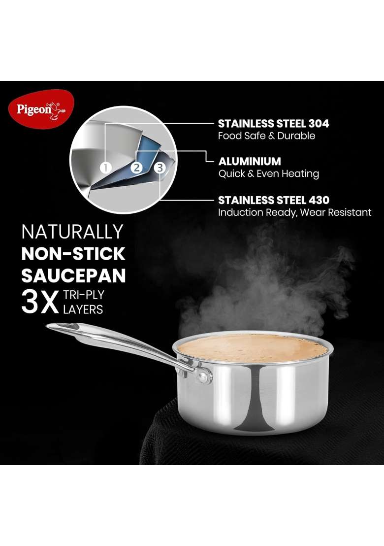 Pigeon Elite Stainless Steel Triply Sauce Pan | 1.2 L | 1.3 Qt | 14 cm | 5.5 Inch | Induction Compatible - Indya