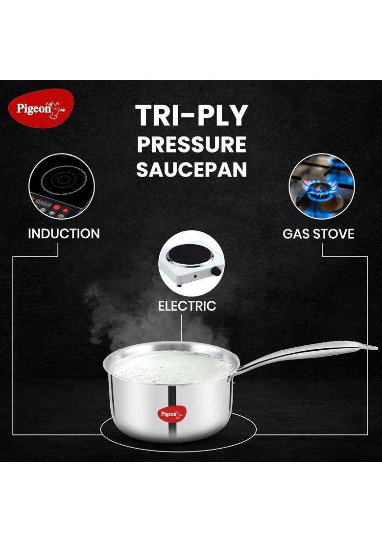 Pigeon Elite Stainless Steel Triply Sauce Pan | 1.2 L | 1.3 Qt | 14 cm | 5.5 Inch | Induction Compatible - Indya