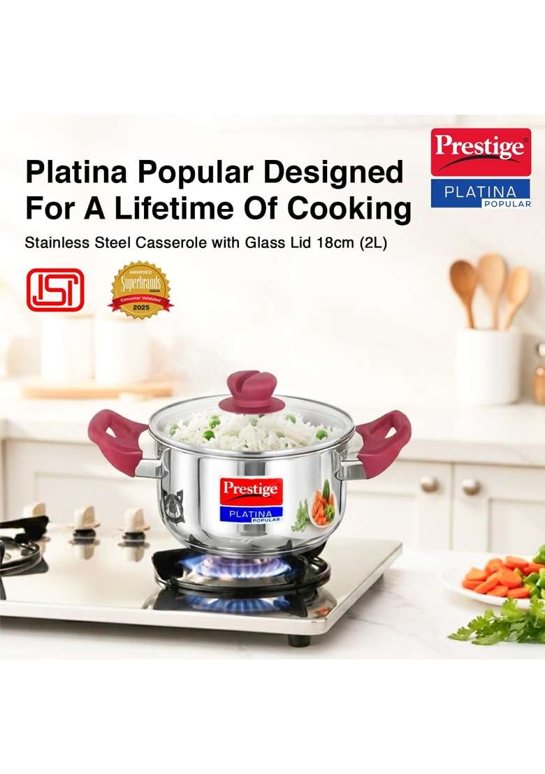 Prestige Platina Popular Stainless Steel Gas and Induction Compatible Casserole | 2 L | 2.1 Qt | With Lid - Indya