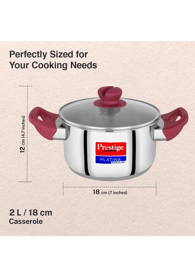 Prestige Platina Popular Stainless Steel Gas and Induction Compatible Casserole | 2 L | 2.1 Qt | With Lid - Indya