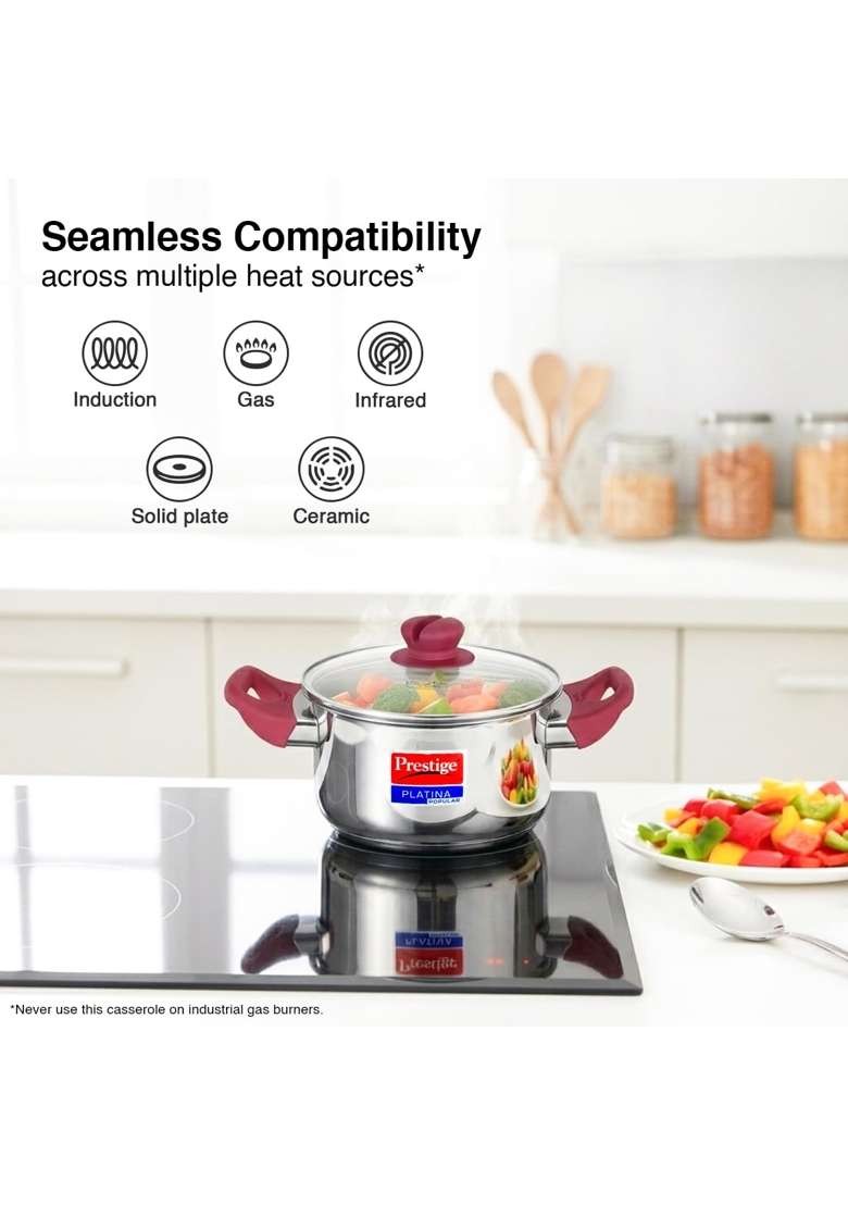 Prestige Platina Popular Stainless Steel Gas and Induction Compatible Casserole | 2 L | 2.1 Qt | With Lid - Indya