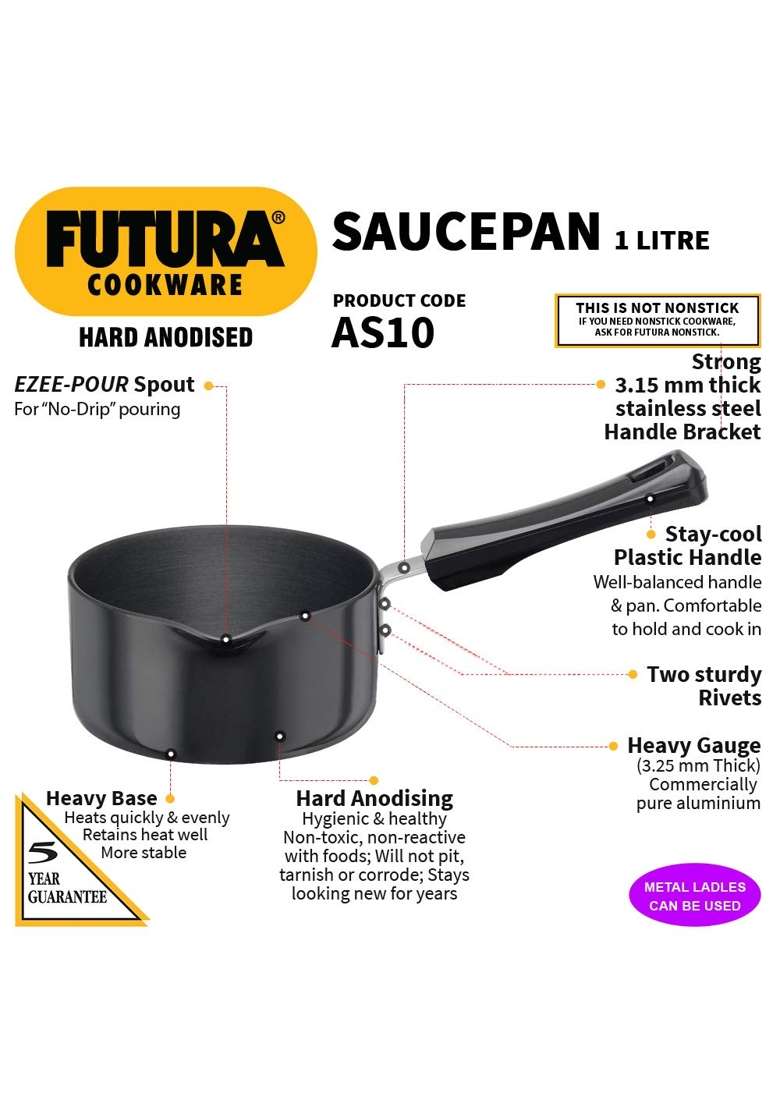 Hawkins Futura Hard Anodised Ezee-Pour Saucepan Without Lid | 1 L | 1.1 Qt - Indya