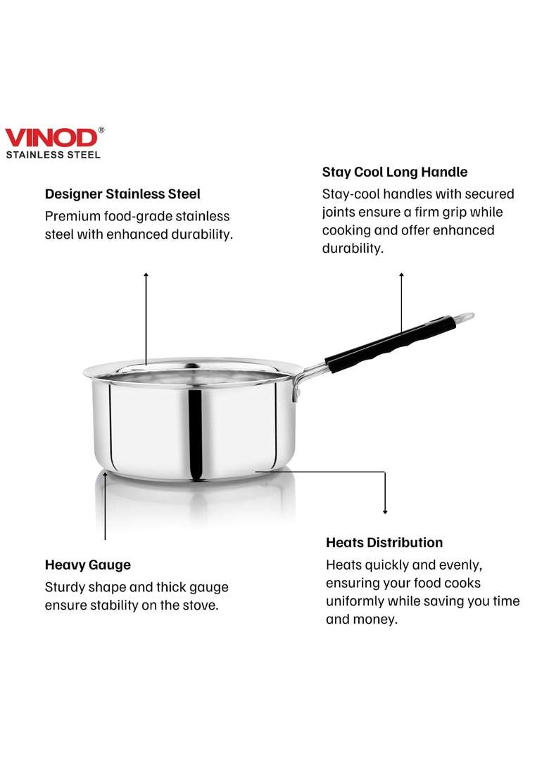 Vinod Stainless Steel Royal Saucepan | 2000 ml | 67.6 fl oz | 20 cm | 7.9 Inch | Induction Compatible - Indya