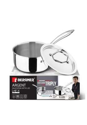 BERGNER Argent Triply Saucepan with Stainless Steel Lid | 1.6 L | 1.7 Qt | 16 cm | 6.3 Inch | Induction Compatible | Food Safe