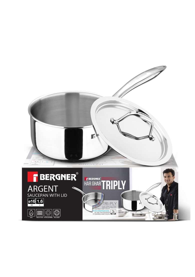 BERGNER Argent Triply Saucepan with Stainless Steel Lid | 1.6 L | 1.7 Qt | 16 cm | 6.3 Inch | Induction Compatible | Food Safe - Indya