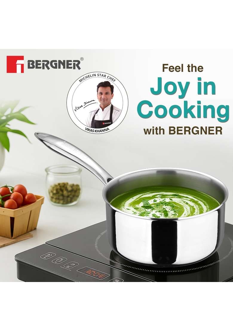 BERGNER Argent Triply Saucepan with Stainless Steel Lid | 1.6 L | 1.7 Qt | 16 cm | 6.3 Inch | Induction Compatible | Food Safe - Indya
