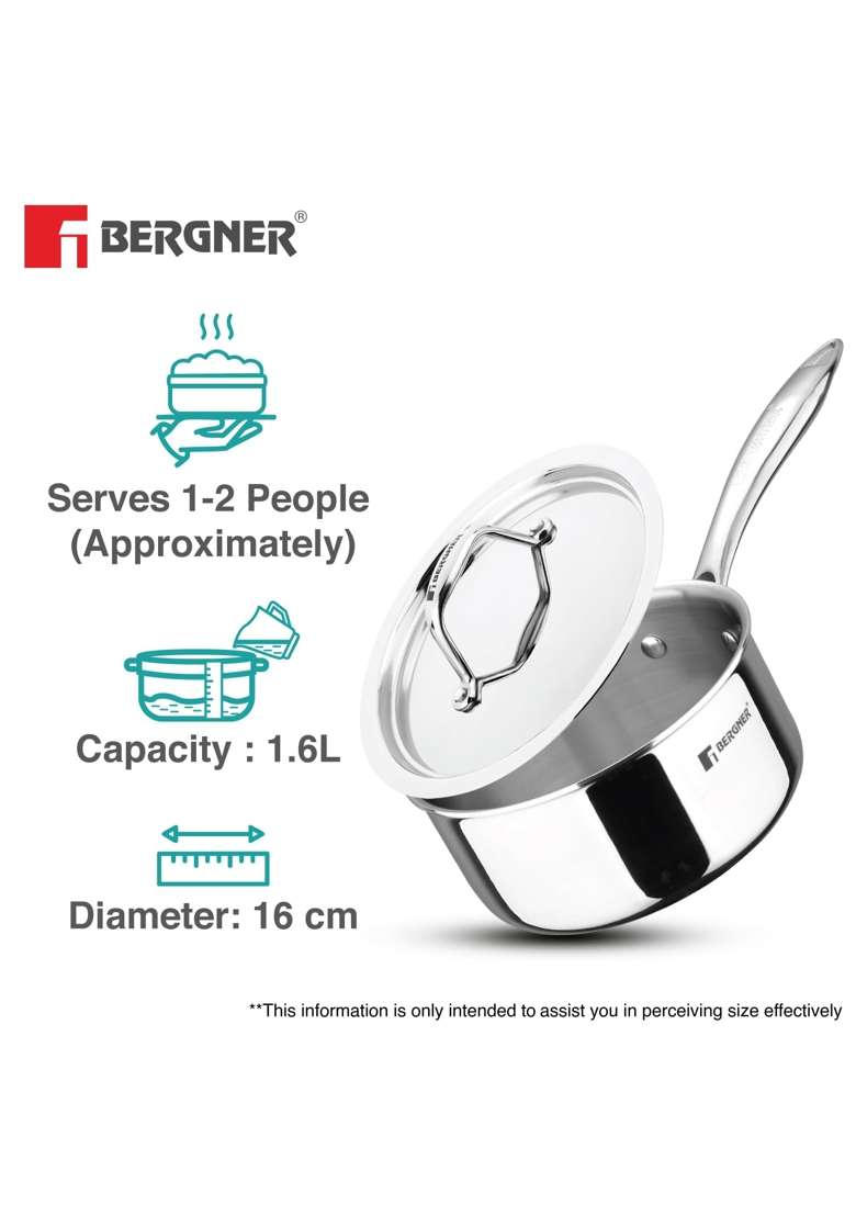 BERGNER Argent Triply Saucepan with Stainless Steel Lid | 1.6 L | 1.7 Qt | 16 cm | 6.3 Inch | Induction Compatible | Food Safe - Indya