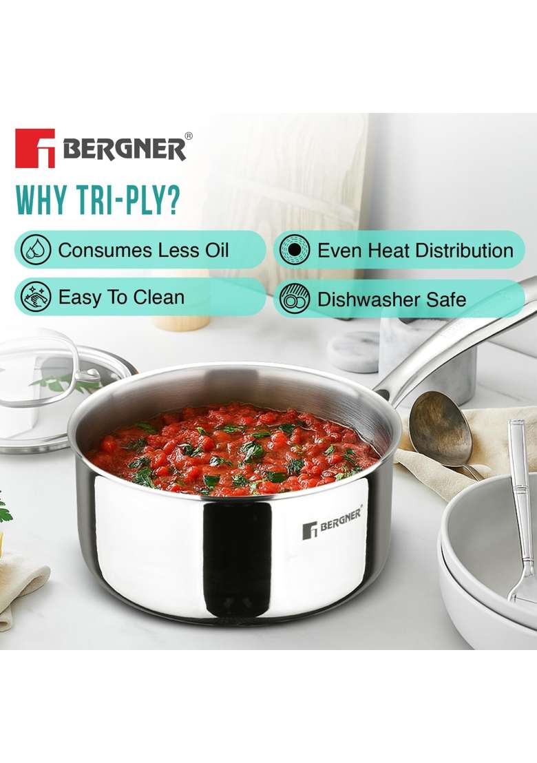 BERGNER Argent Triply Saucepan with Stainless Steel Lid | 1.6 L | 1.7 Qt | 16 cm | 6.3 Inch | Induction Compatible | Food Safe - Indya