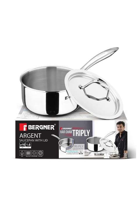BERGNER Argent Triply Saucepan with Stainless Steel Lid | 1.6 L | 1.7 Qt | 16 cm | 6.3 Inch | Induction Compatible | Food Safe