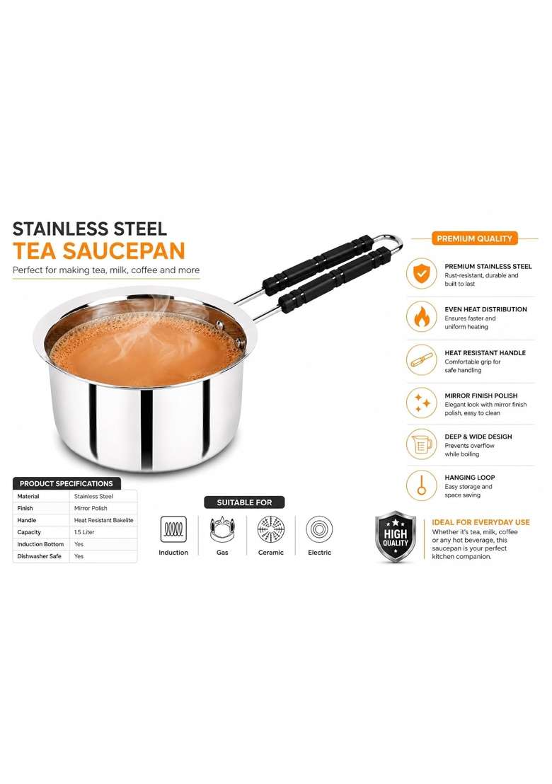 KITCHENZO Stainless Steel Induction Bottom Saucepan with Heat Resistant Wire Handle | 1.5 L | 1.6 Qt - Indya
