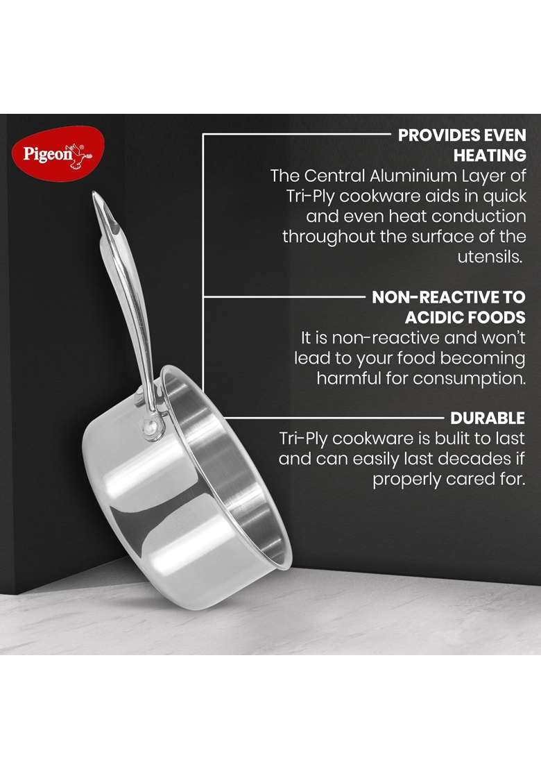 Pigeon Elite Stainless Steel Triply Sauce Pan | 18 cm | 7.1 Inch | Induction Compatible - Indya
