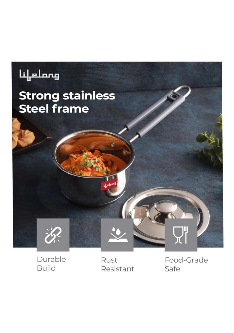Lifelong Stainless Steel Heavy Bottom Saucepan with Stainless Steel Lid and Knobs | 1.6 L | 1.7 Qt | 18 cm | 7.1 Inch | Induction Compatible - Indya