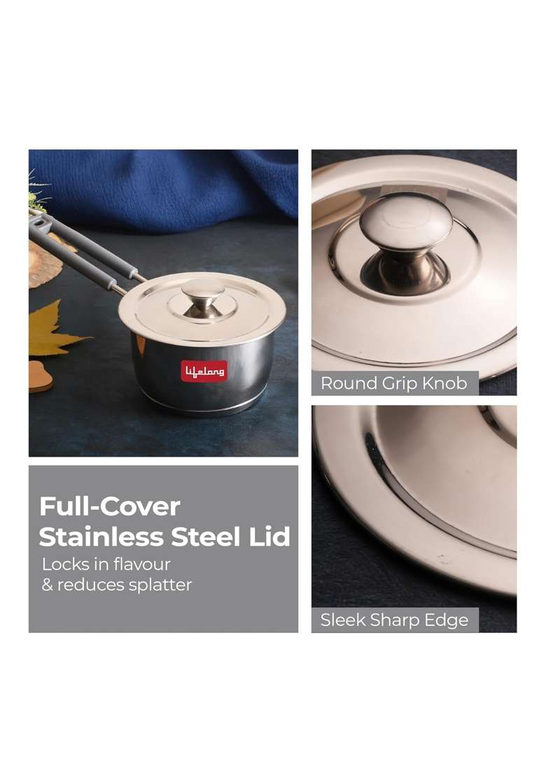Lifelong Stainless Steel Heavy Bottom Saucepan with Stainless Steel Lid and Knobs | 1.6 L | 1.7 Qt | 18 cm | 7.1 Inch | Induction Compatible - Indya