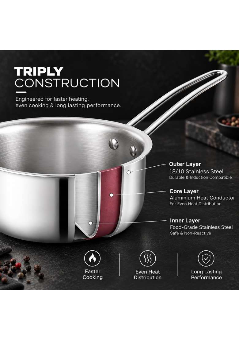ZENSIL Lumora Triply Stainless Steel Tea Pan | 1.5 L | 1.6 Qt | 14 cm | 5.5 Inch | Induction Compatible | Heavy Bottom - Indya
