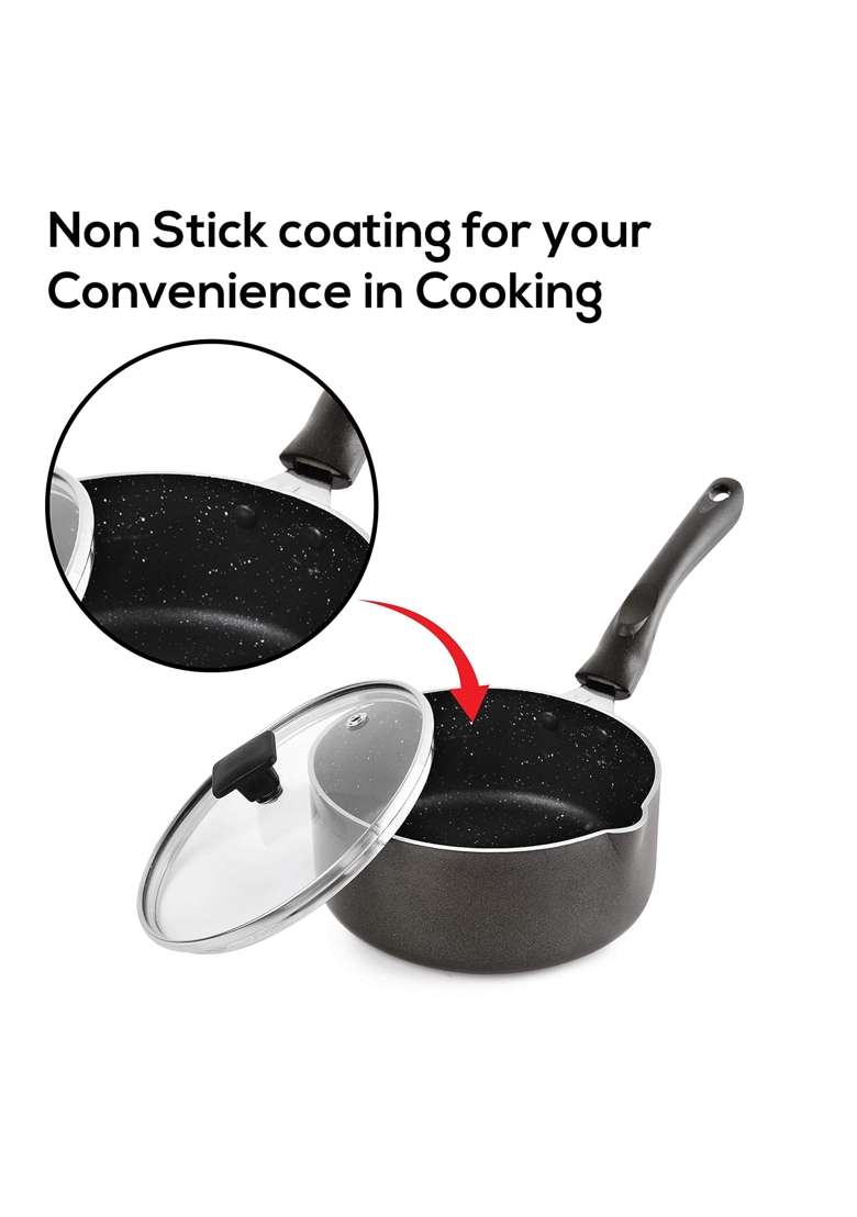 CELLO Aluminium Non-Stick Sauce Milk Pan with Glass Lid for Kitchen | 1.5 L | 1.6 Qt | Induction Compatible | PFOA Free - Indya