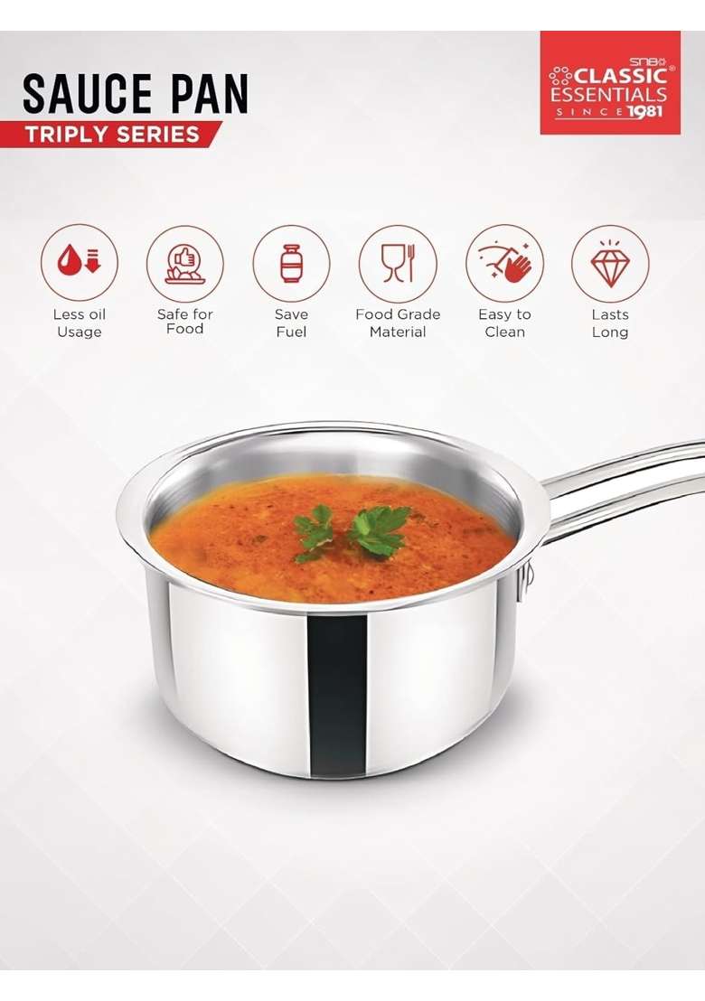 CLASSIC ESSENTIALS Triply Stainless Steel Saucepan | 1500 ml | 50.7 fl oz | 16 cm | 6.3 Inch | Induction Compatible - Indya
