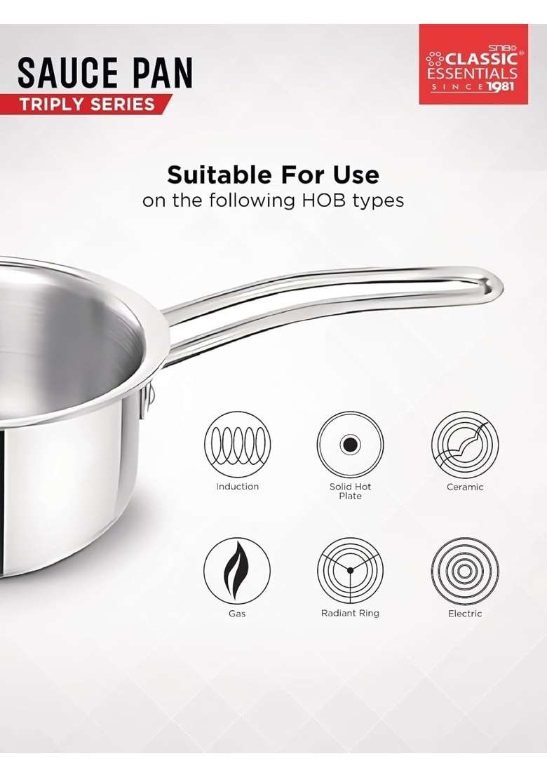 CLASSIC ESSENTIALS Triply Stainless Steel Saucepan | 1500 ml | 50.7 fl oz | 16 cm | 6.3 Inch | Induction Compatible - Indya